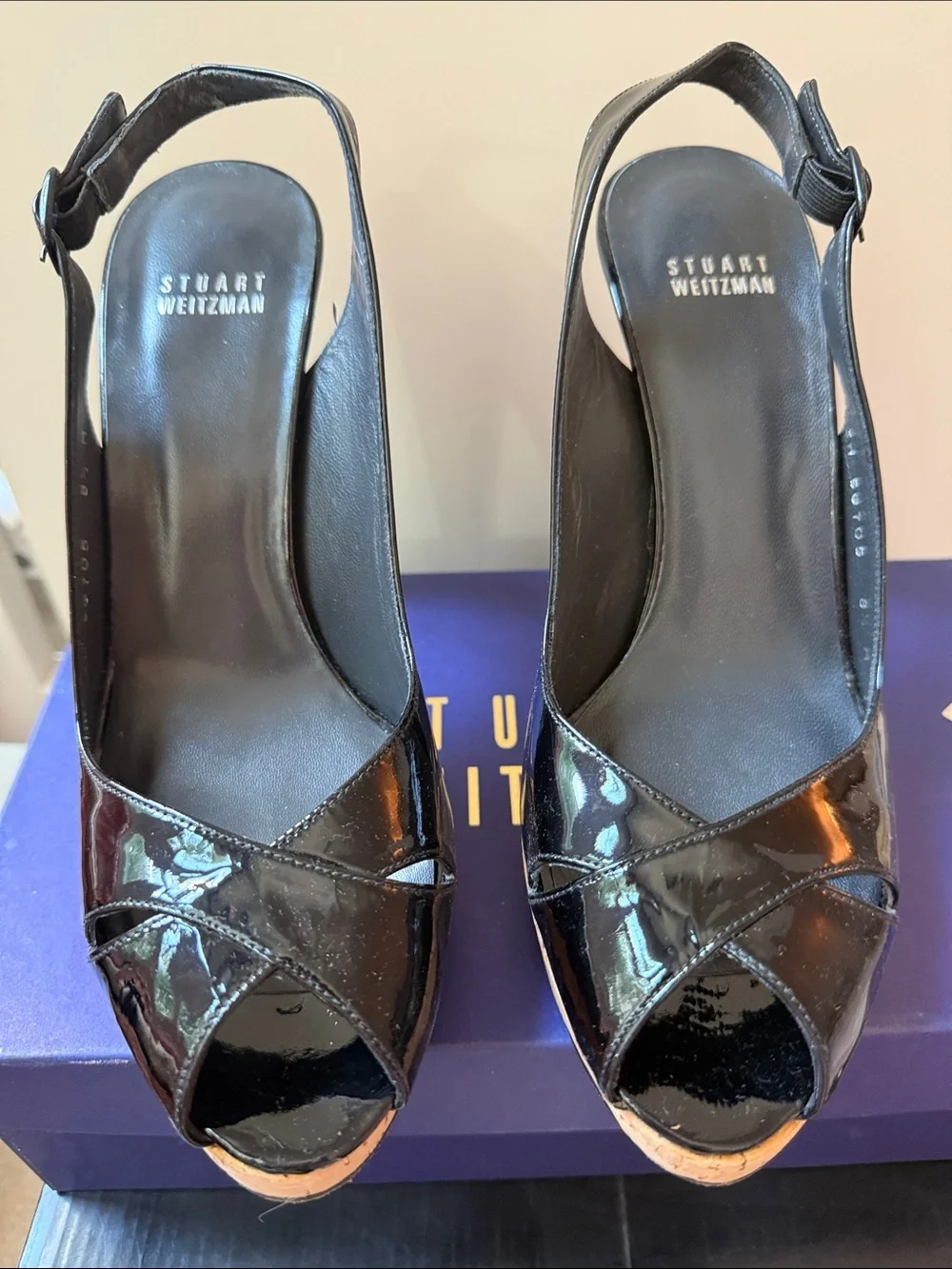 Stuart Weitzman Black Patent Leather Slingback Peep-Toe Mules